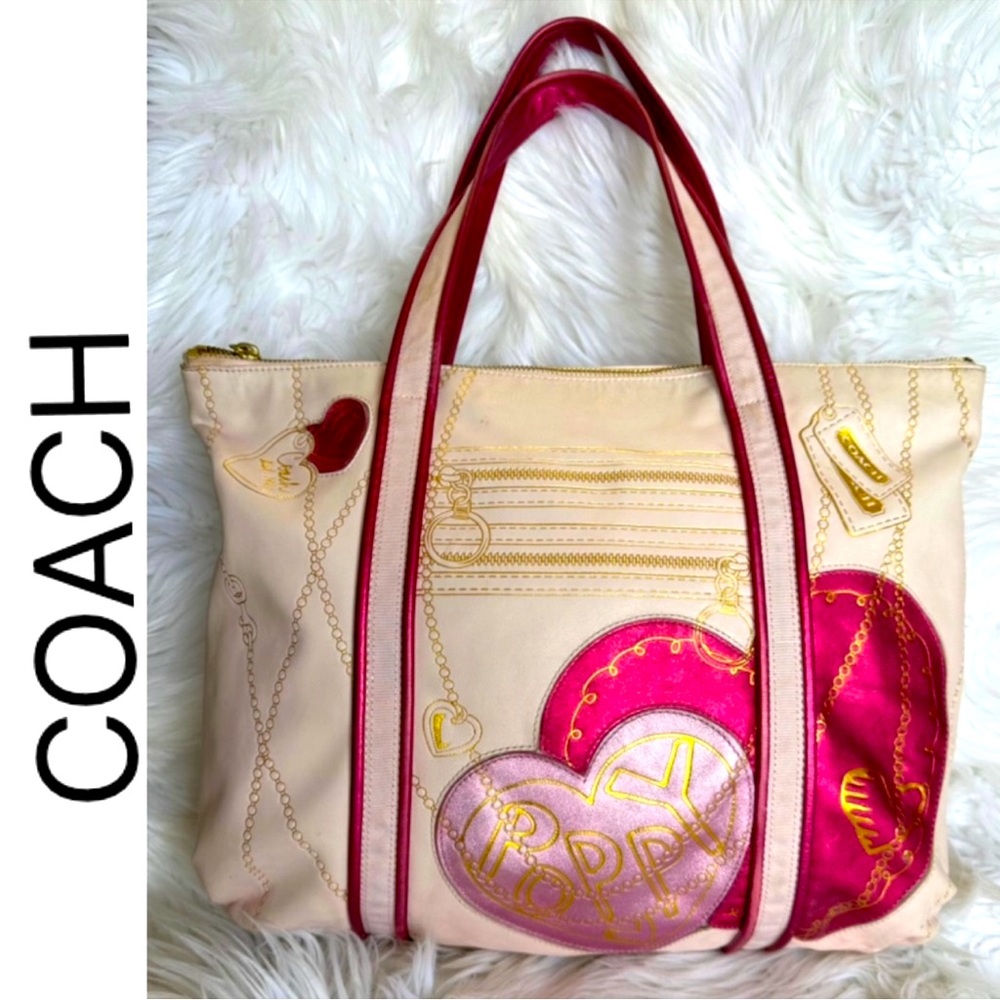Coach Poppy Pink Leather Tote Bag w/ Metallic heart’s Vintage Super Limited Rare